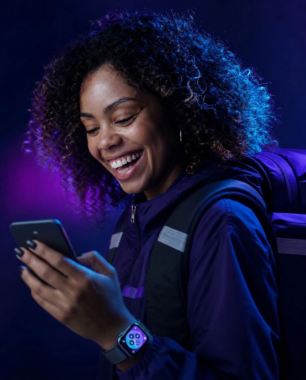 Entregadora brasileira sorrindo enquanto usa o aplicativo Verdaji no celular