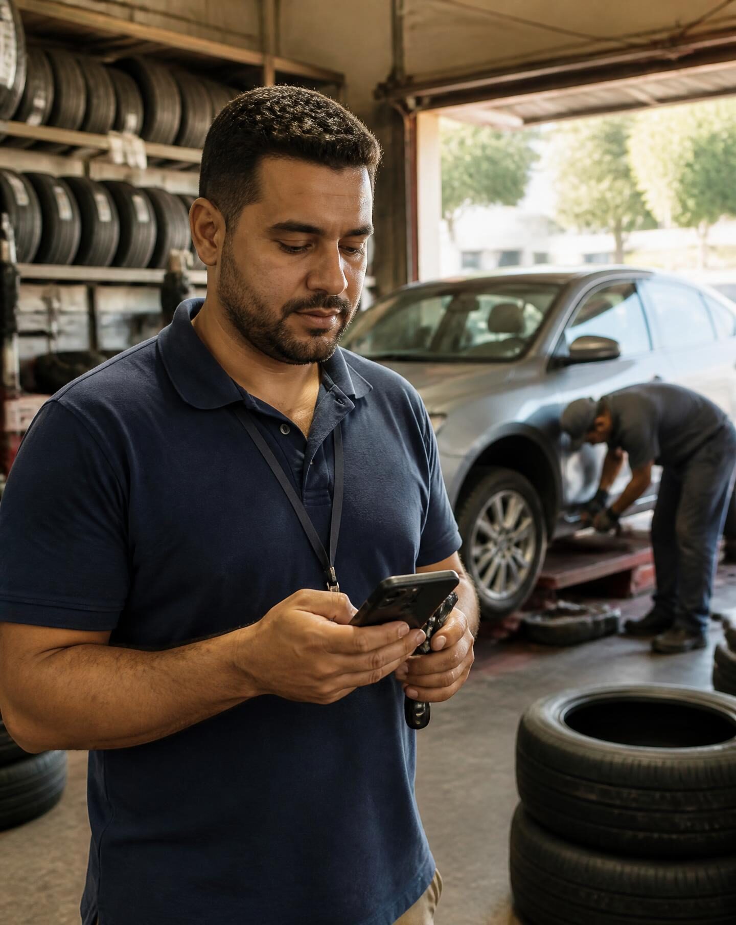 Motorista de aplicativo consultando o celular em uma loja de pneus enquanto seu carro recebe pneus novos