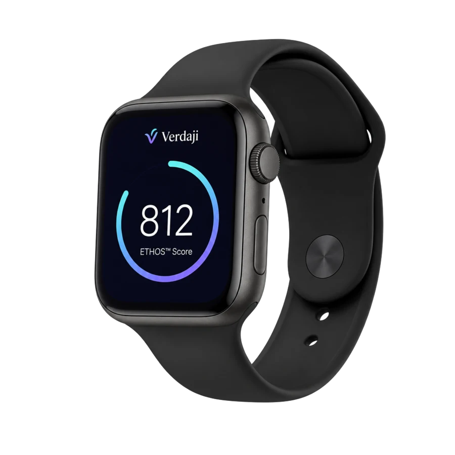 Smartwatch exibindo o ETHOS® Score do usuário no app Verdaji